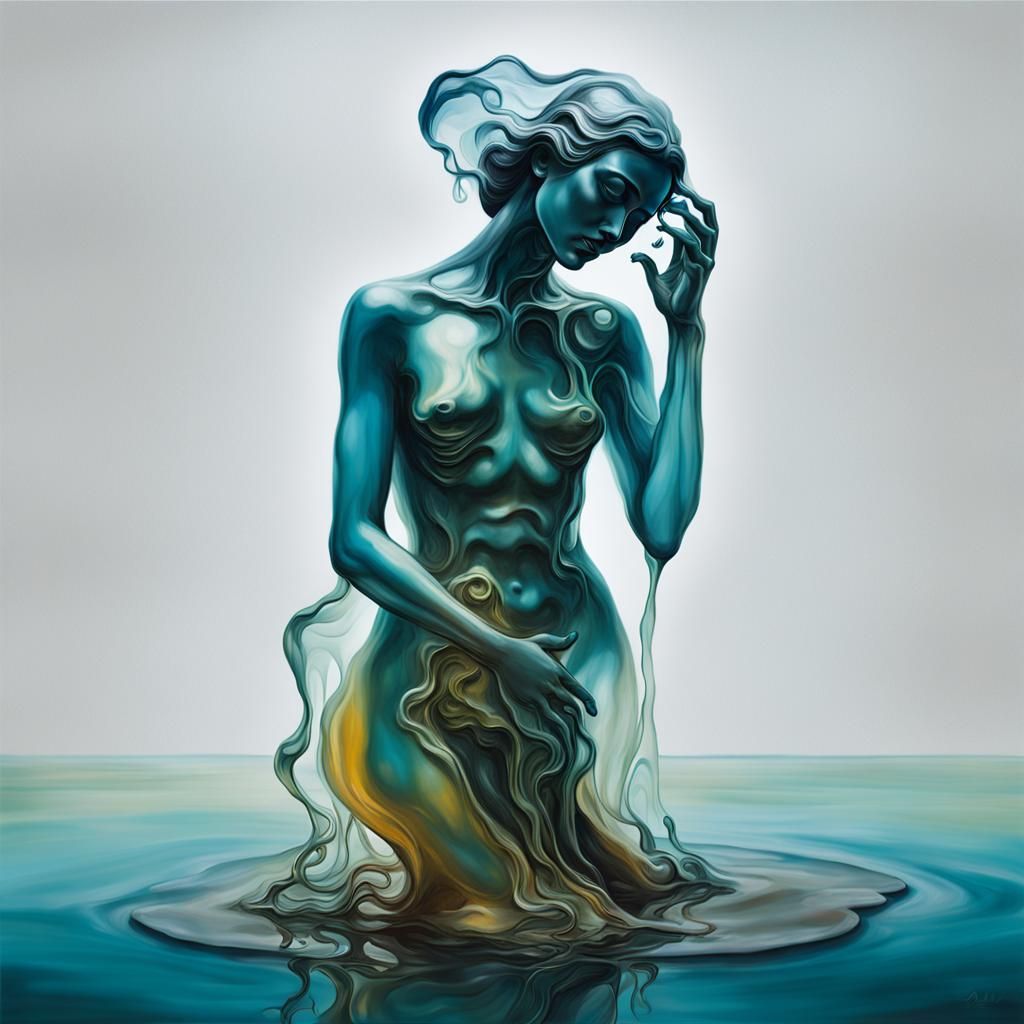 Translucent Jelly Statue Emerging from Water, Surreal Oil Pa...