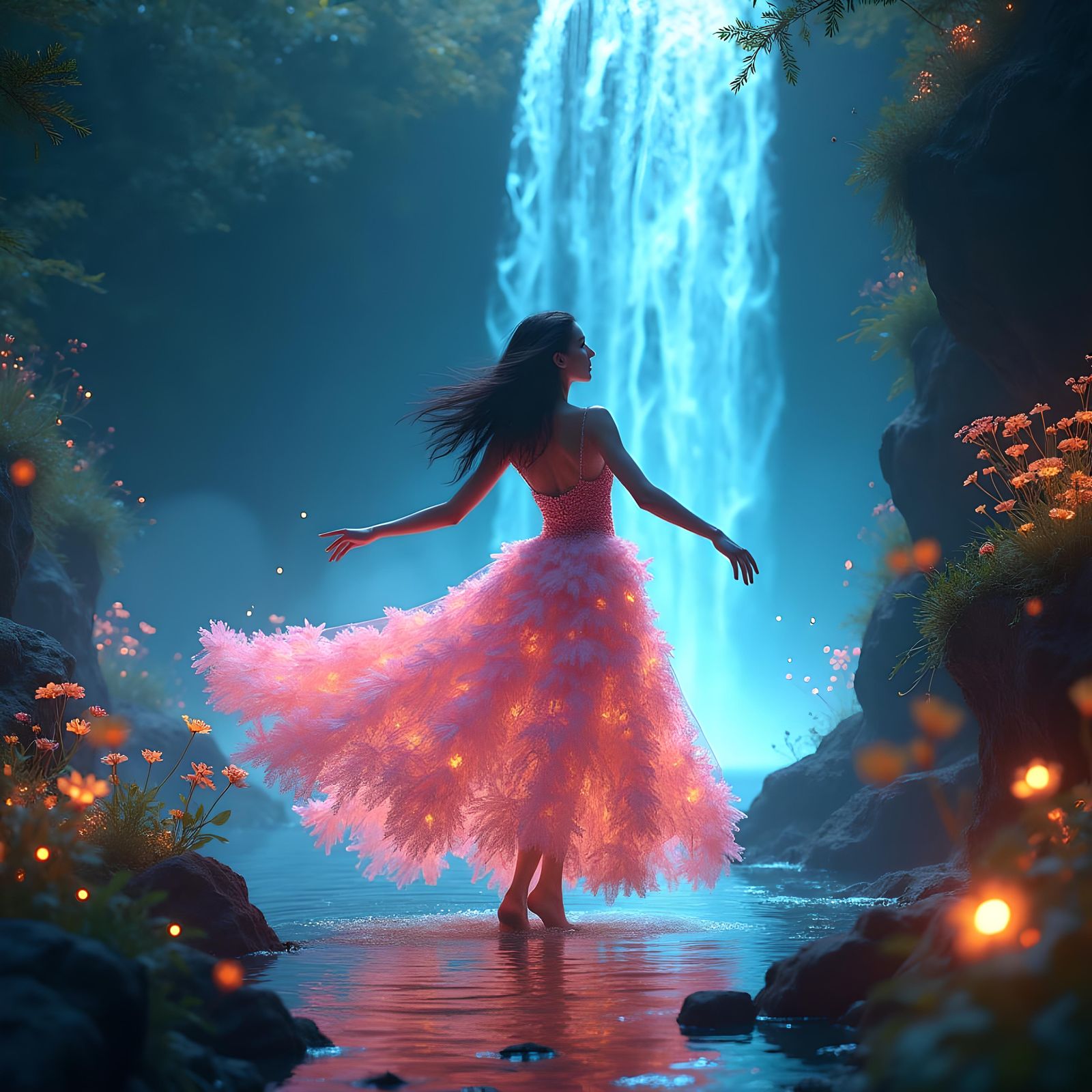 Woman Dancing in Floral Dress by Glowing Waterfall