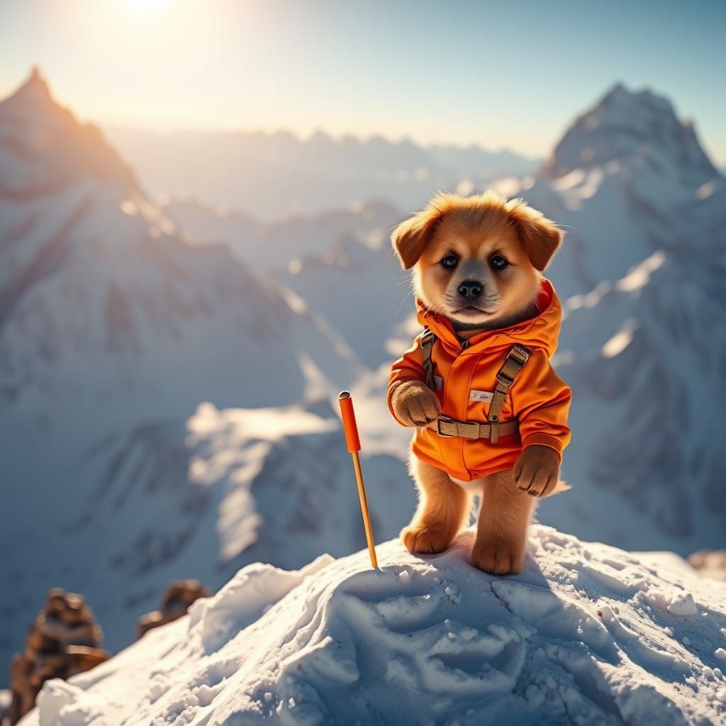 Puppy Triumphs on Snow-Capped K2 in Whimsical Adventure