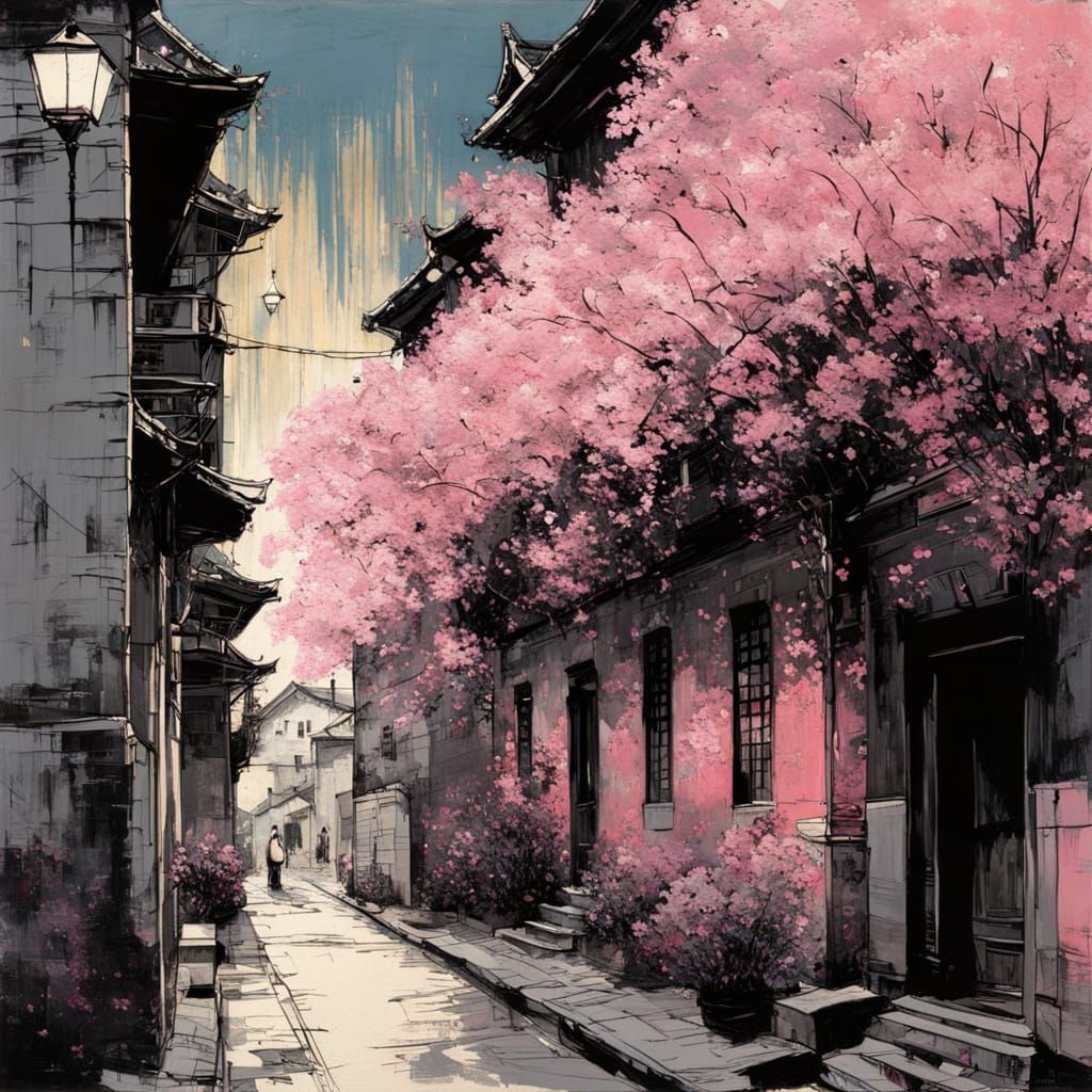 Ethereal Old Cityscape with Vibrant Garden