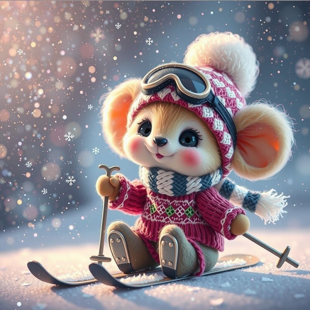 Adorable Mouse in Winter Ski Gear Surrounded by Falling Snow...