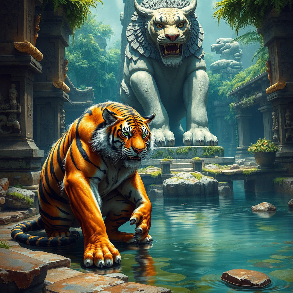 Anthropomorphic Tiger at Ancient Temple in Frazetta-Beksińsk...