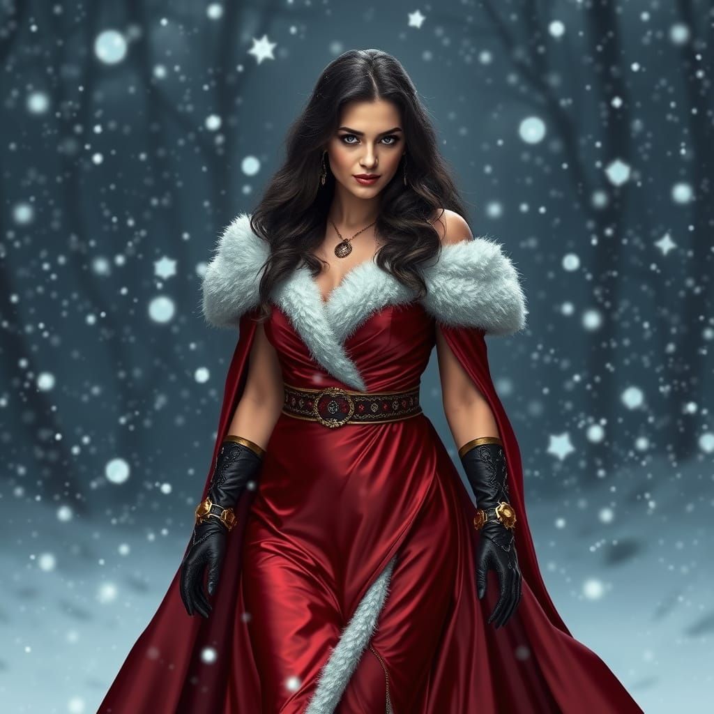 Nyssa Al Ghul in Satin Christmas Dress Walking in Snow