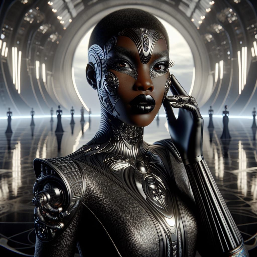 Cyber Necromancer in Black Biomechanical Armor, Early 20th-C...