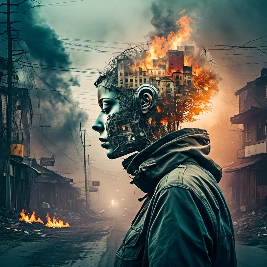 Post-Apocalyptic Android Robot with Fire and Smoke