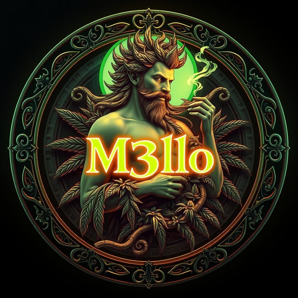 Surreal Stoner God Adorned with Pot Leaves and Glowing Aura