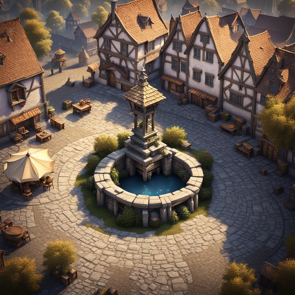 Medieval Town Square Well in Dark Fantasy Style
