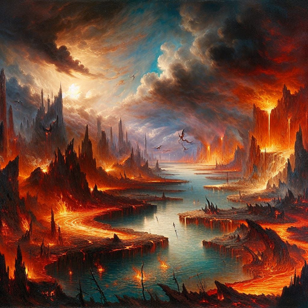 Infernal River Flows Into Volcanic Ocean