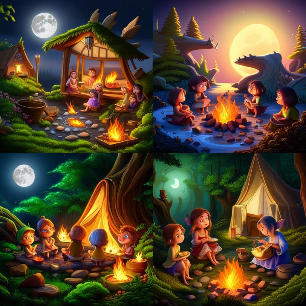 Enchanting Fairies Laughing by Campfire in Moonlit Forest