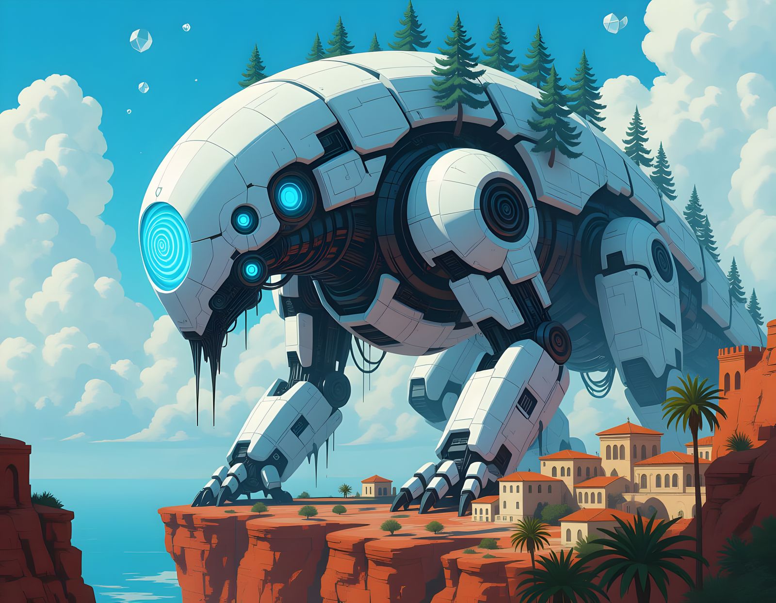 Ancient Cybernetic Beast with Pine Trees in Digital Art Styl...