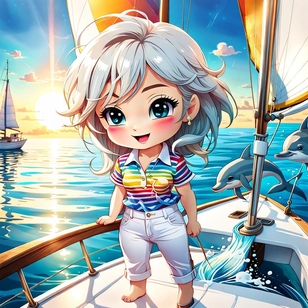 Chibi Woman Sailing with Dolphins in Airbrush Art