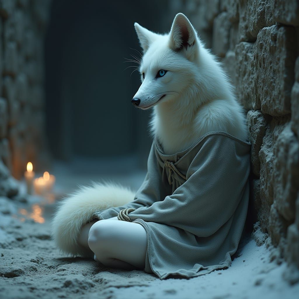 Dark Fantasy Polar Fox-Woman in Gothic Dungeon