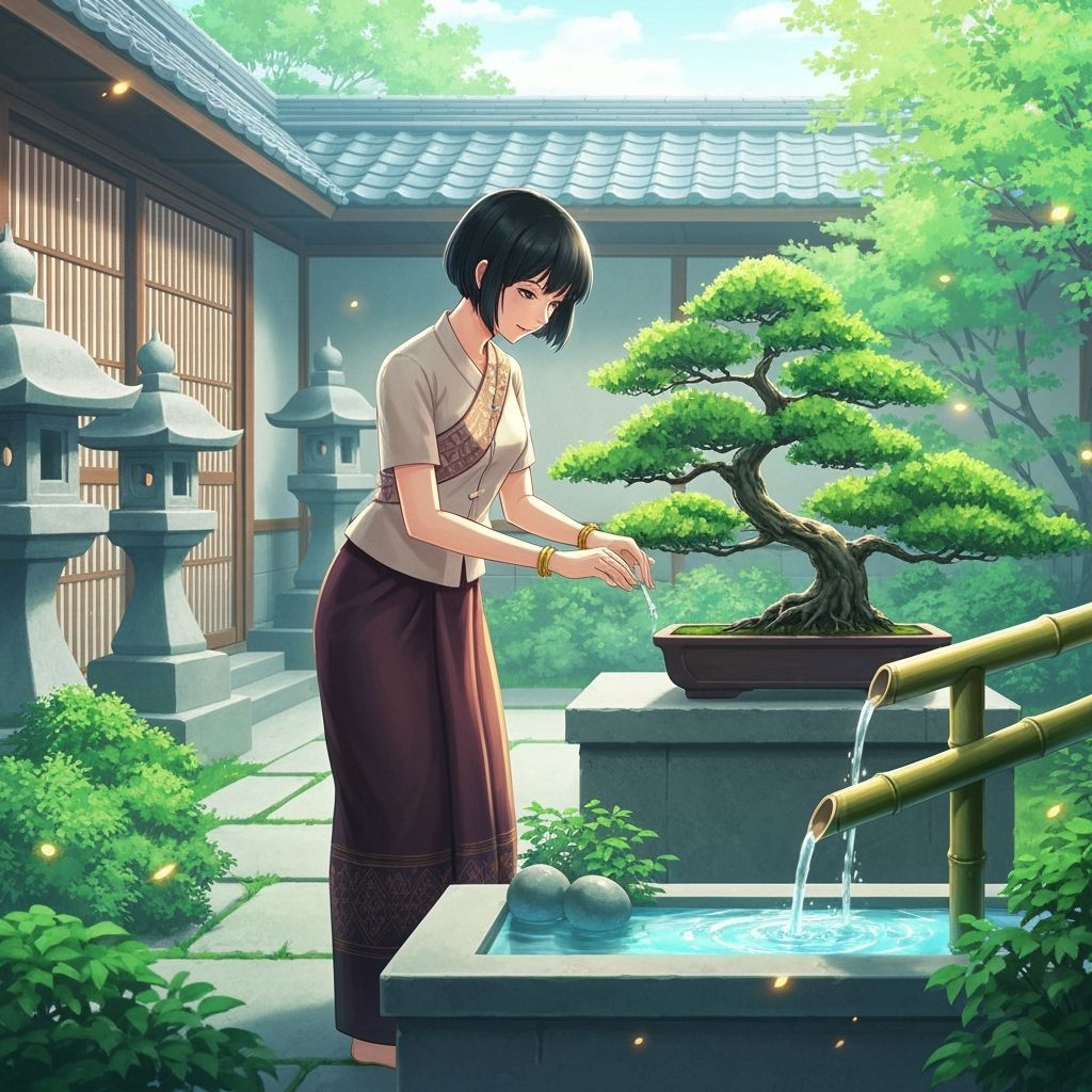 Thai Woman in Bonsai Garden, Anime Style