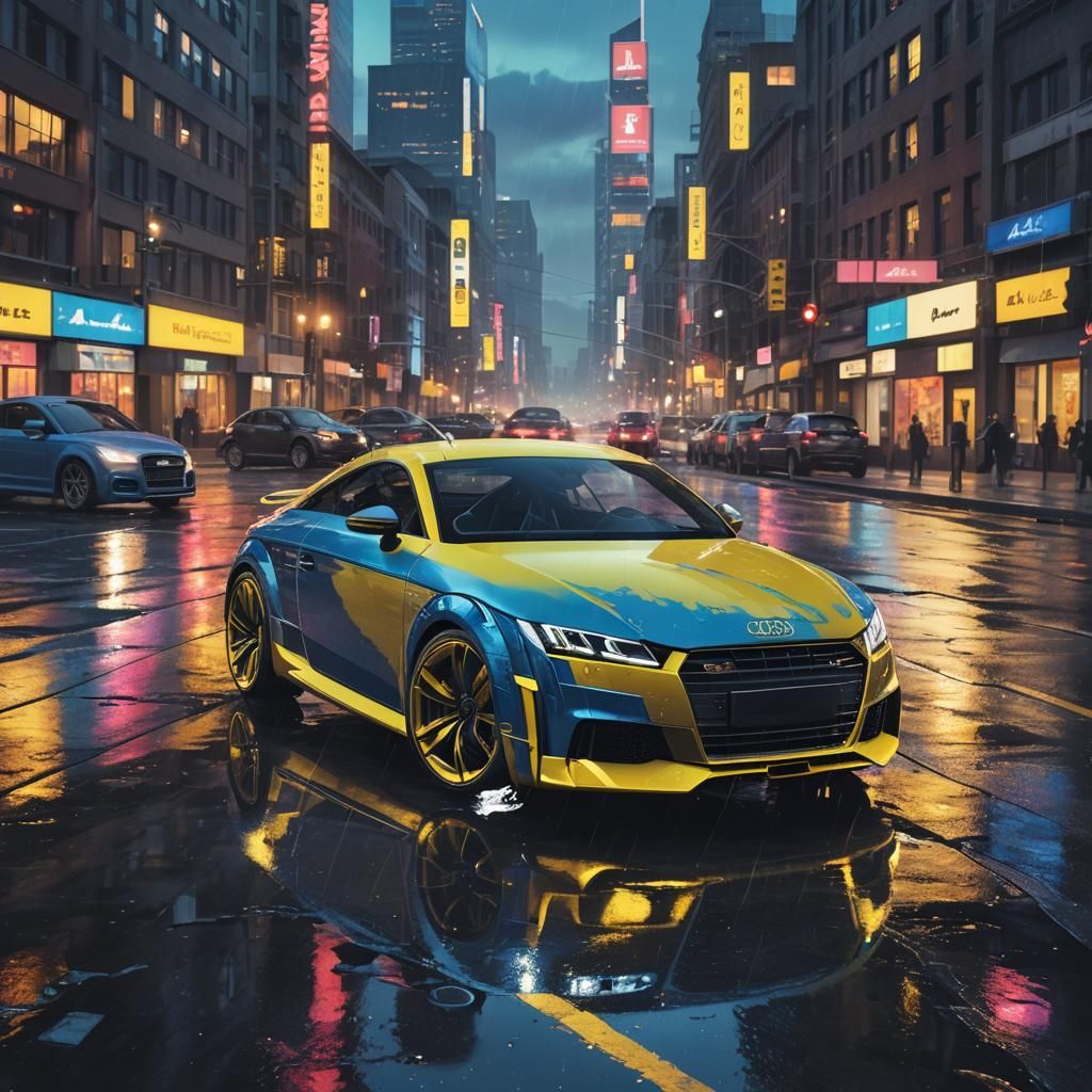 Futuristic Audi TT Speeds Through Neon Cityscape
