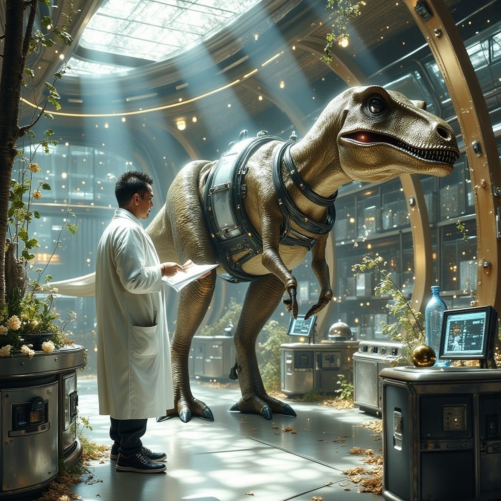 Dinosaur in Futuristic Science Lab with Scientist