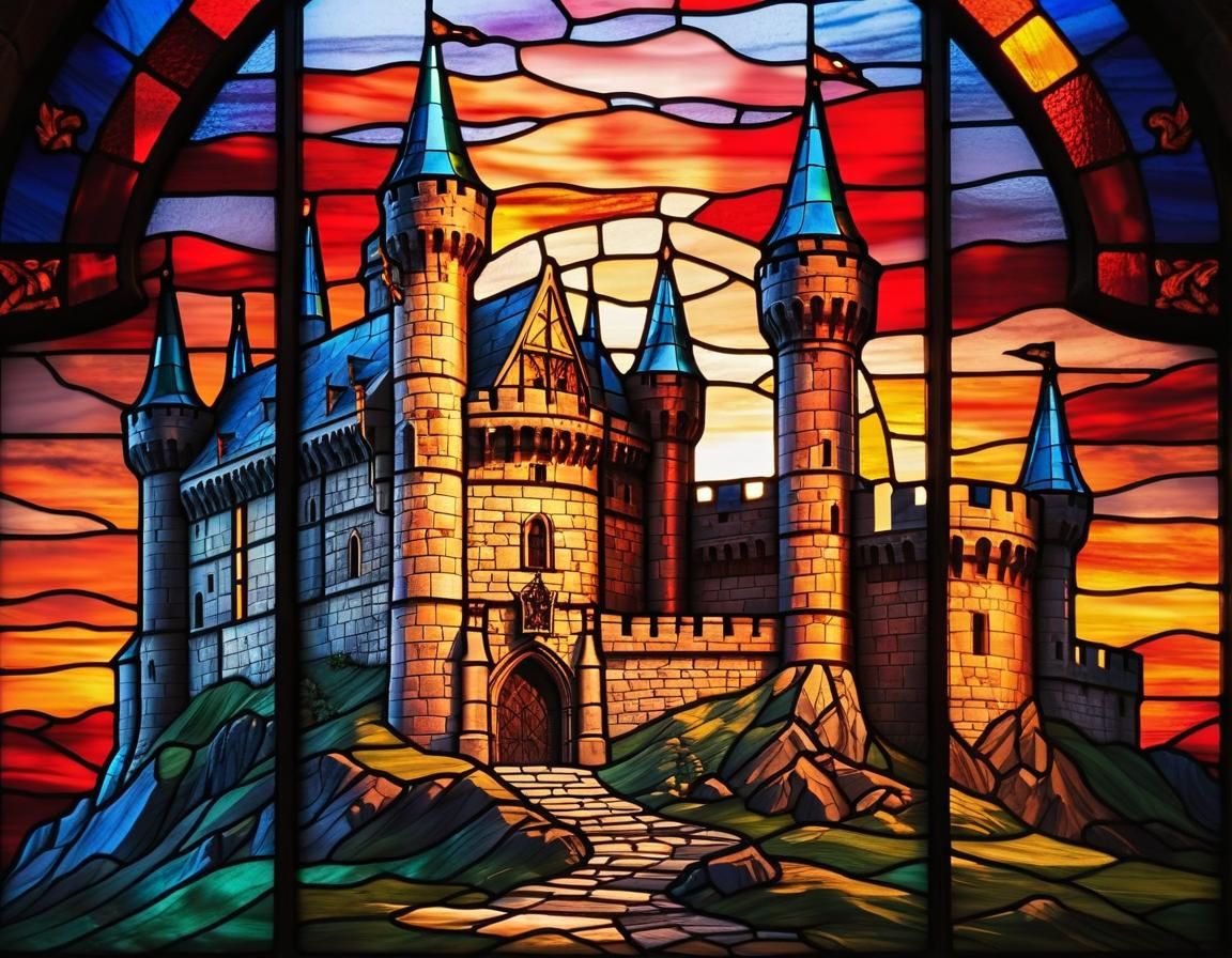 Stained Glass Medieval Castle at Sunset