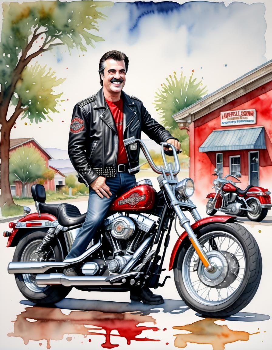 Cartoon of Biker Laughing Beside Motorcycle in Watercolor
