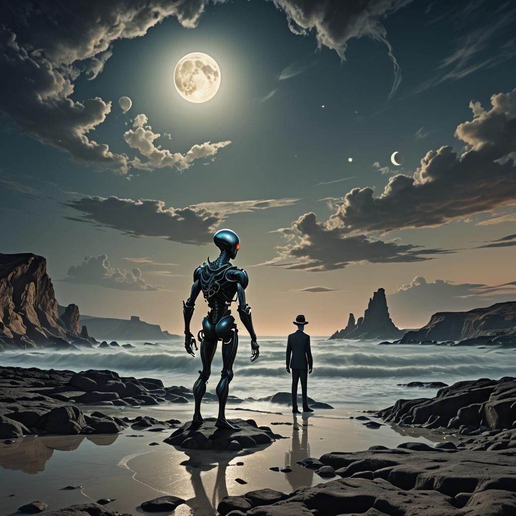 Alien on Moonlit Shore in Surreal Style