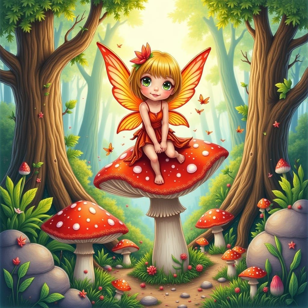 Cute Fairy on Toadstool in Jungle Setting