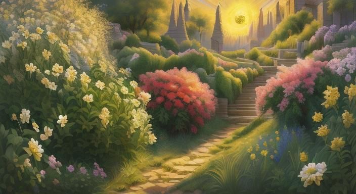 Lush Summer Garden Night in Oil Painting Style