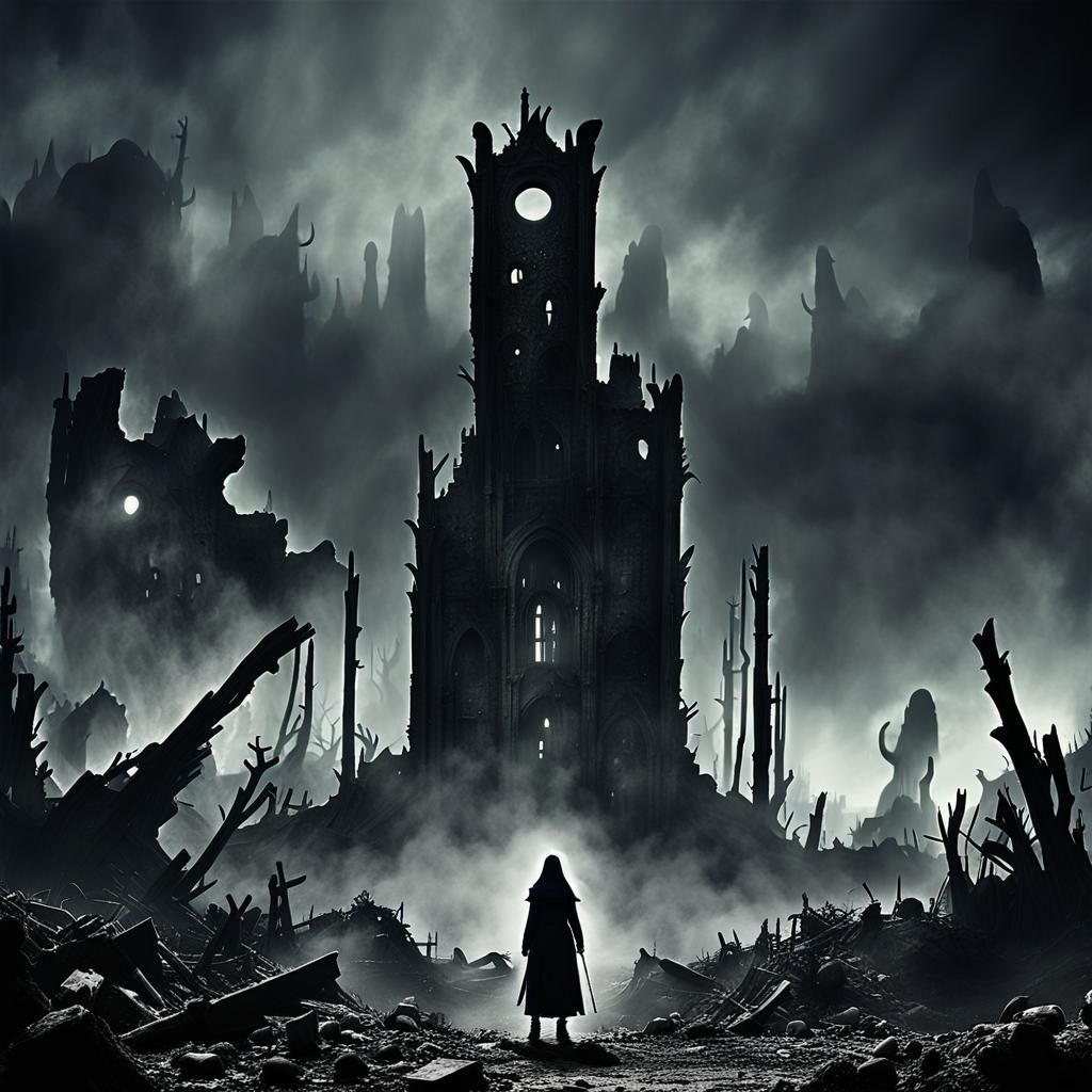 Eerie Post-Apocalyptic Wasteland in Dark Fantasy Style