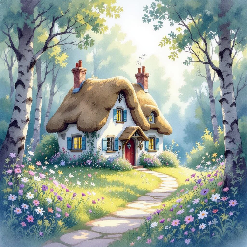 Enchanted Forest Cottage in Soft Watercolor Style