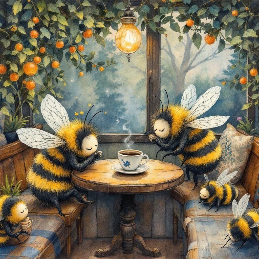 Bumblebees' Coffee Break in Storybook Watercolor Style