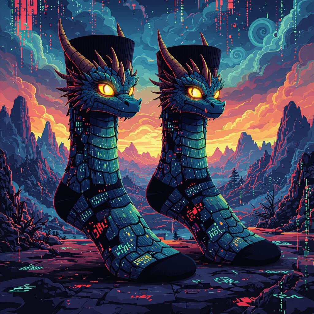 Glitched Dragon Socks in Disney Pixar Style