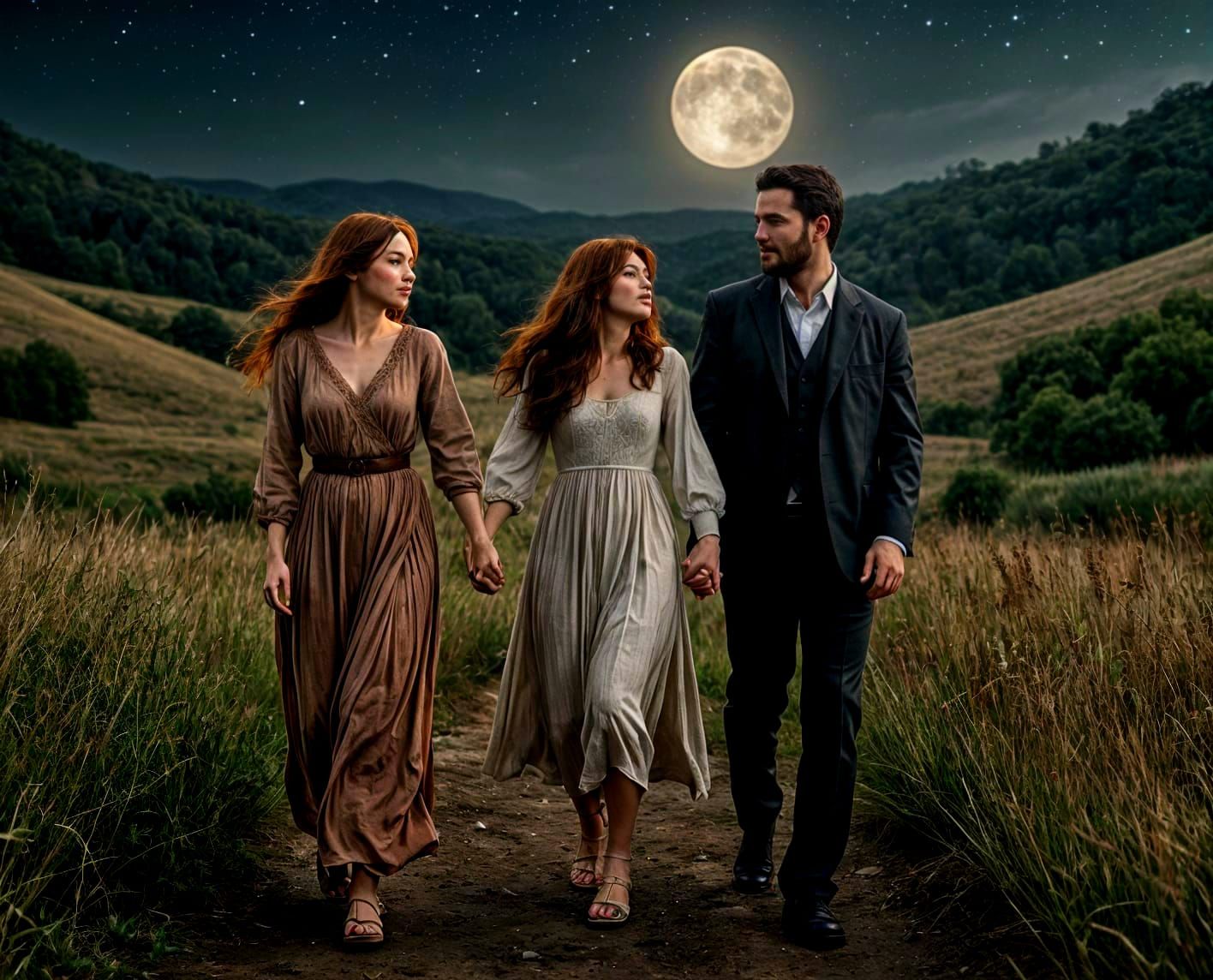 Couple Walking Through Fields Under Moonlight