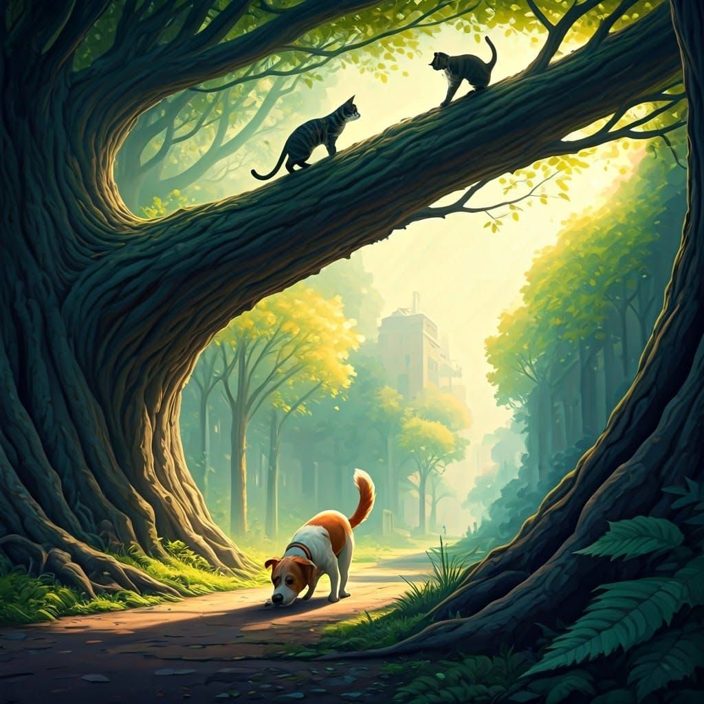 Dramatic Scene of Canine Curiosity and Feline Aloofness in H...