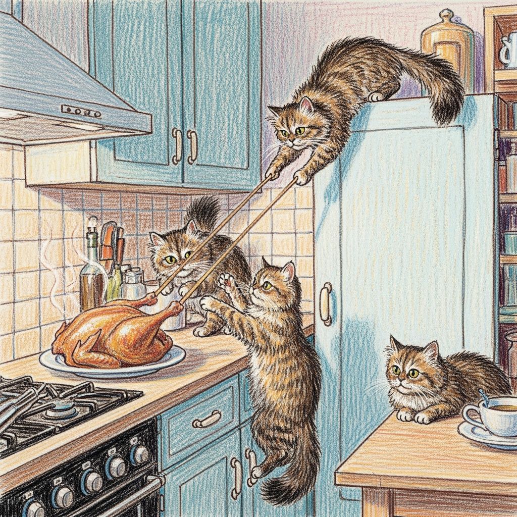 Persian Cats Hypnotized by Chicken, in Pastel Chalk