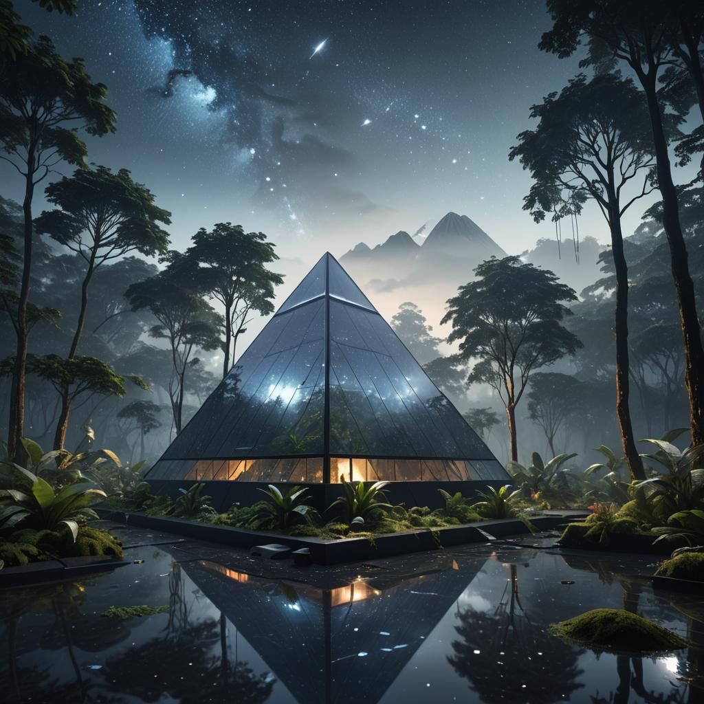 Reflective Pyramid Floats in Starry Rainforest