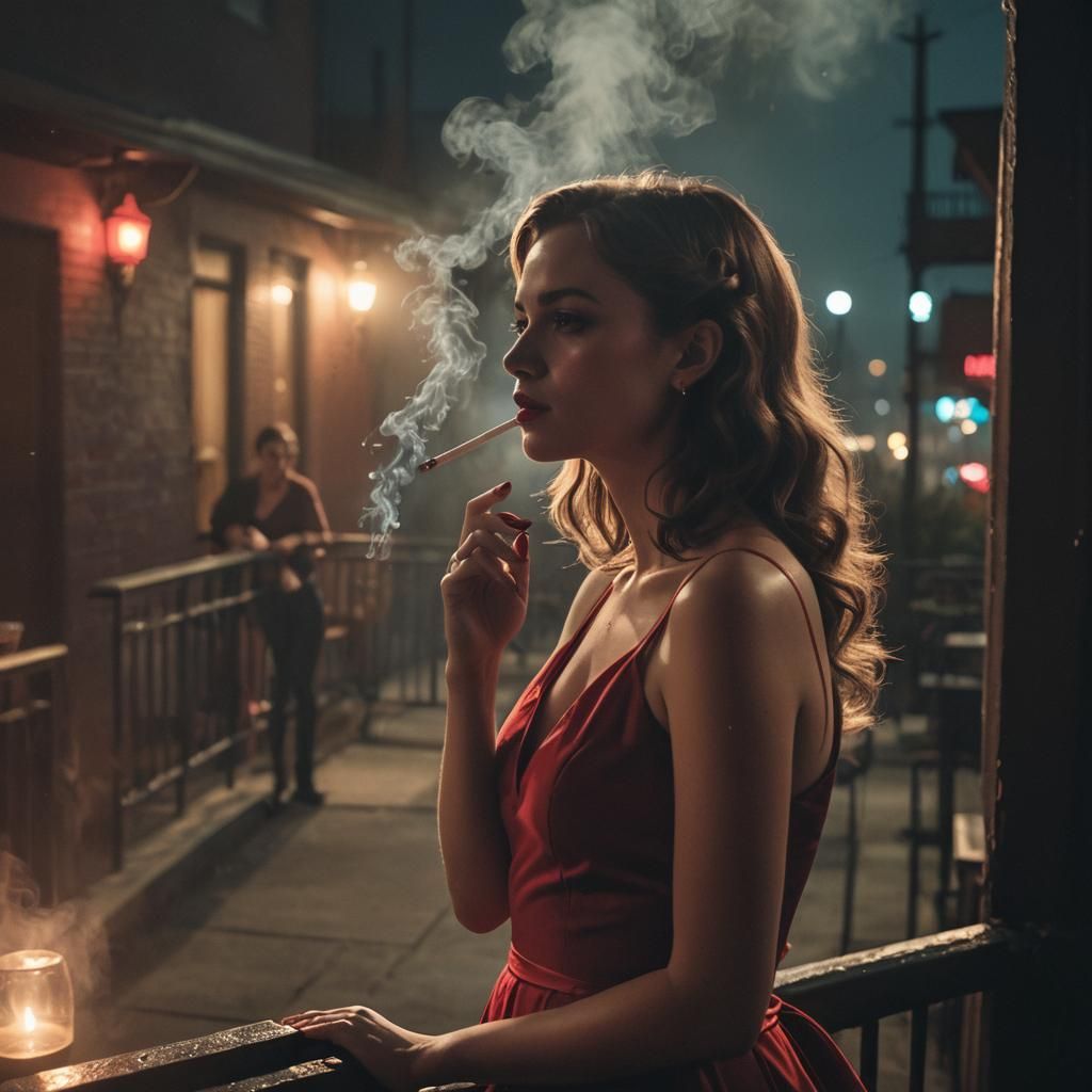 Film Noir Girl Smoking with Neon City Lights