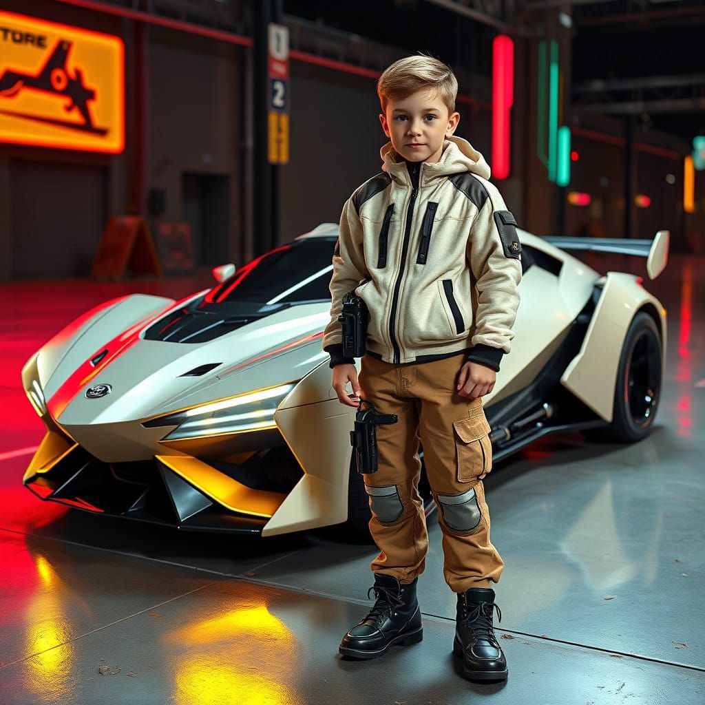 Young Boy Stands Proudly Next to Cyberpunk Vehicle
