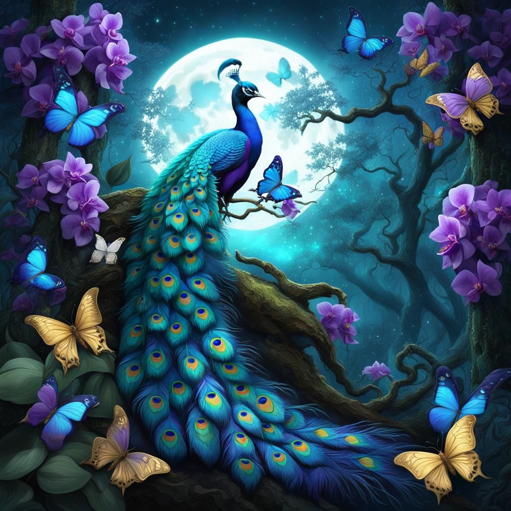Peacock in Moonlit Forest: Fantasy Concept Art