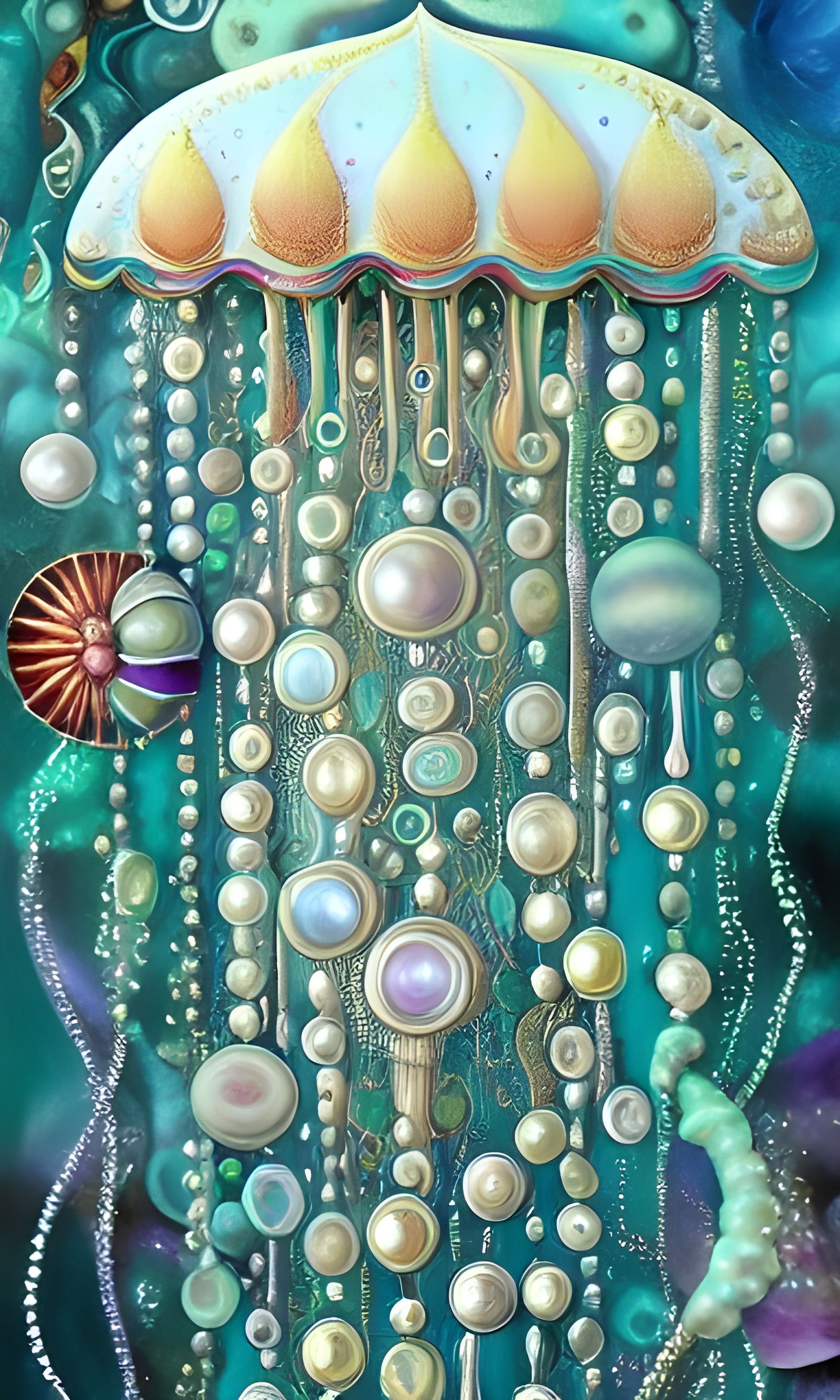 Maximalist Collage of Jellyfish and Pearls