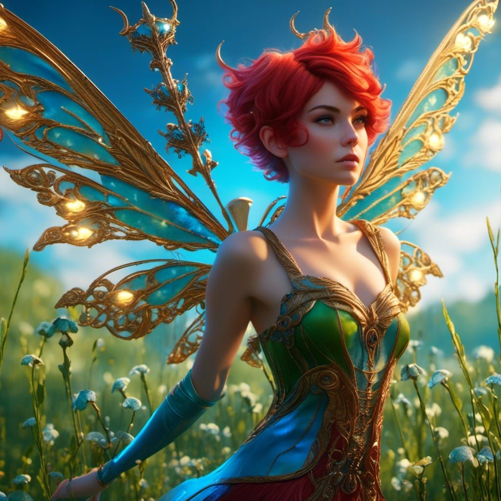 <lora:Fairy:1.0> A beautiful fairy with a short red pixie cut is flying over a green meadow with electrifying blue glowi...