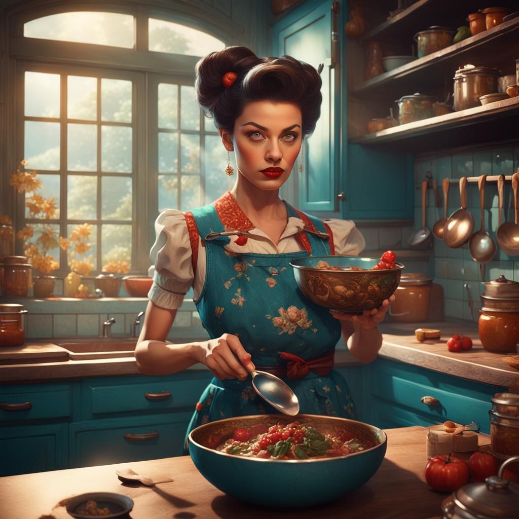 Pinup Brunette Stirring Bowl: Detailed Matte Painting