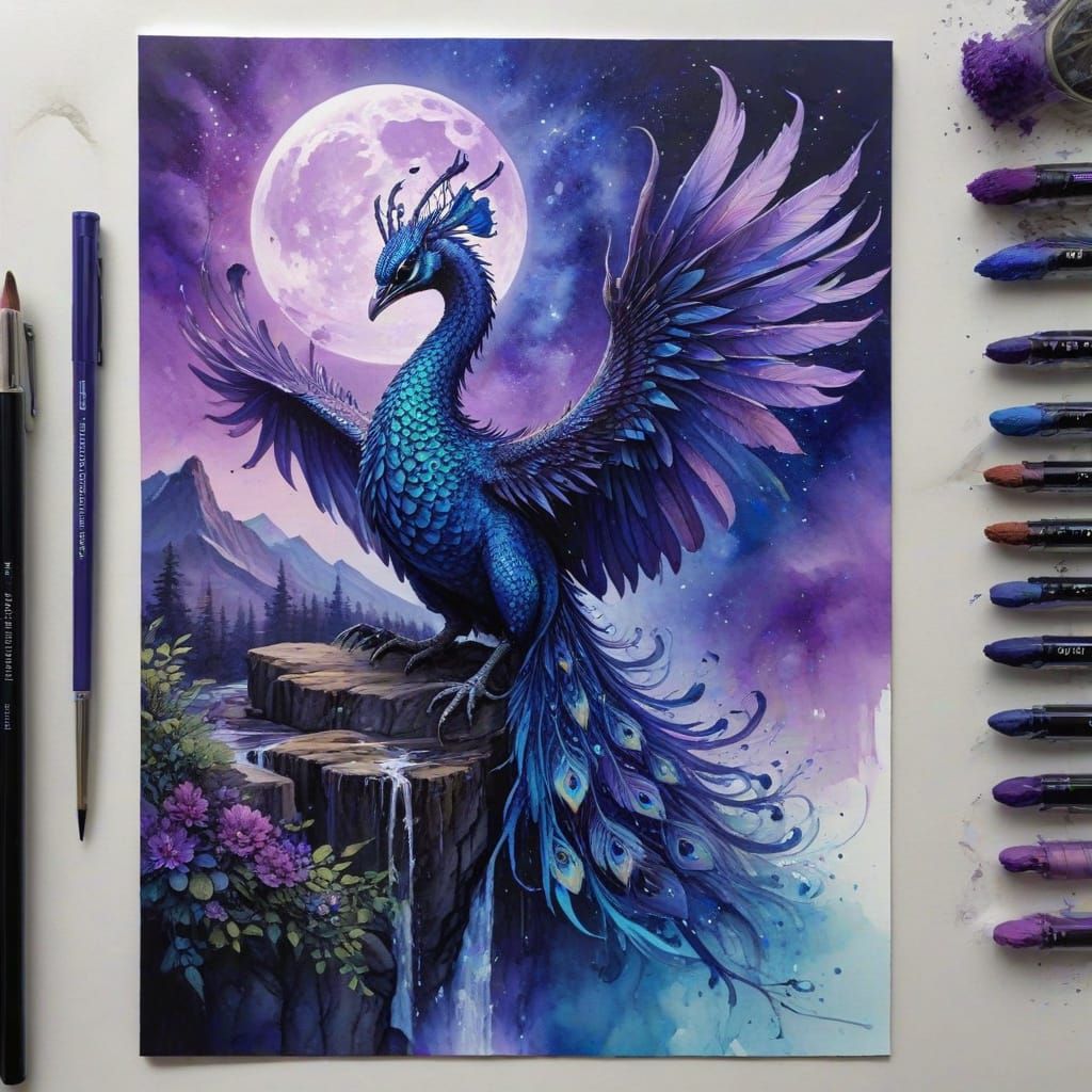 Magical Peacock Dragon in Enchanted Moonscape