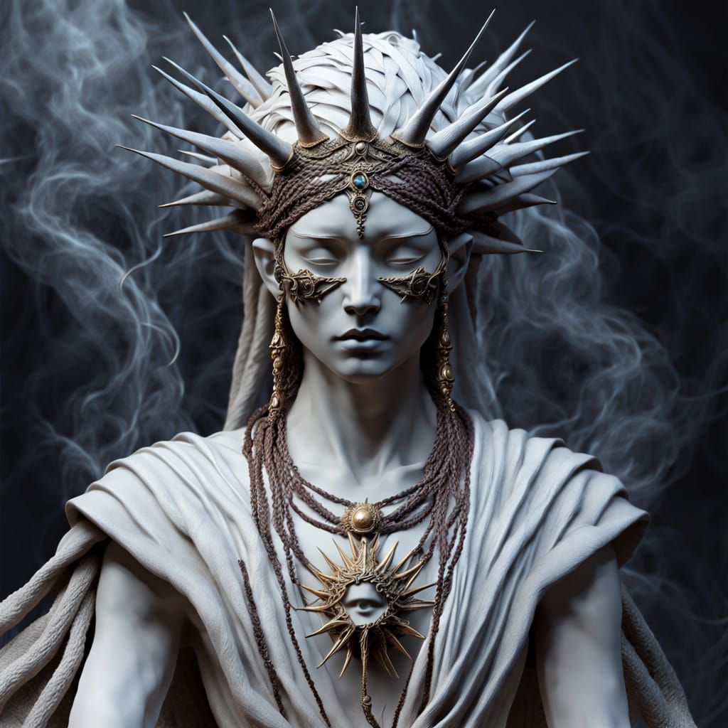 Solemn Blindfolded Oracle Statue with Spiky Crown