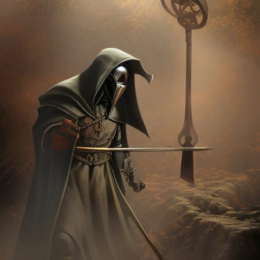 Plague doctor with his mask , medieval setting , dark scene