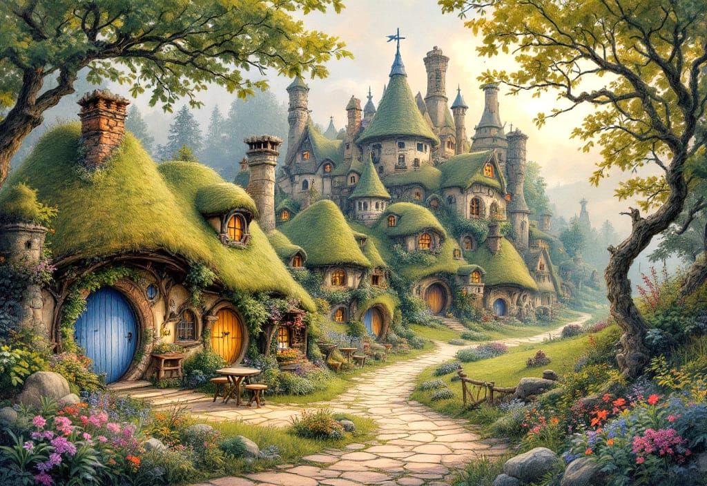Magical Hobbit Village in Watercolor Style