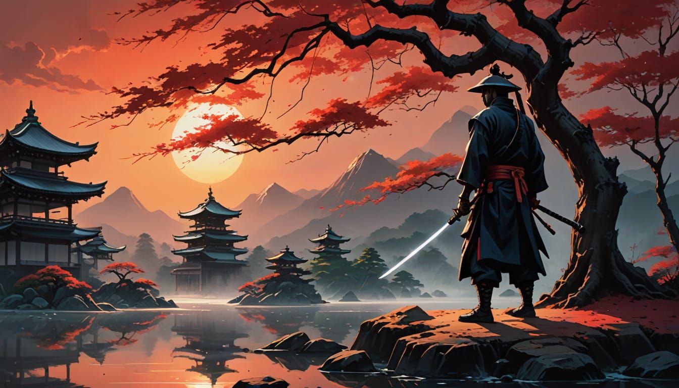 Ronin and Bonsai Tree in Japanese Oil Painting Style