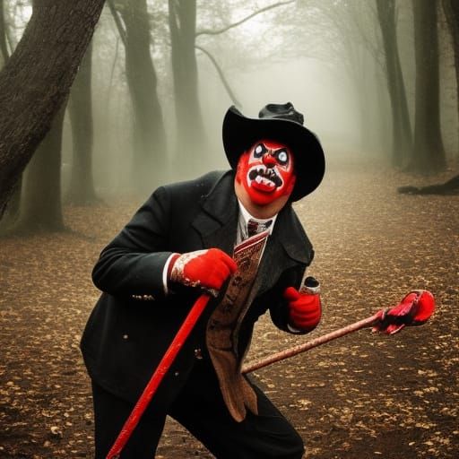 Menacing Clown with Chainsaw in Autumn Landscape