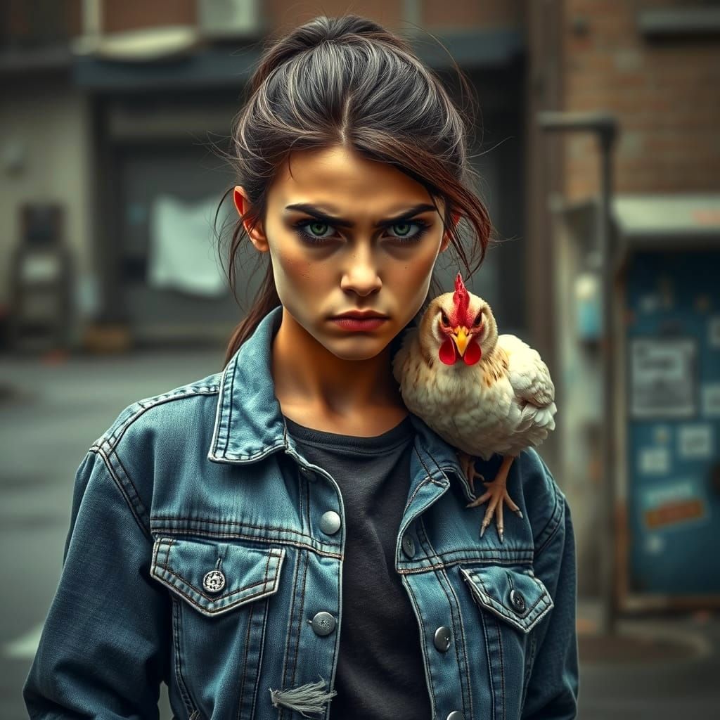 Grumpy Woman with Chicken in Gritty Urban Style