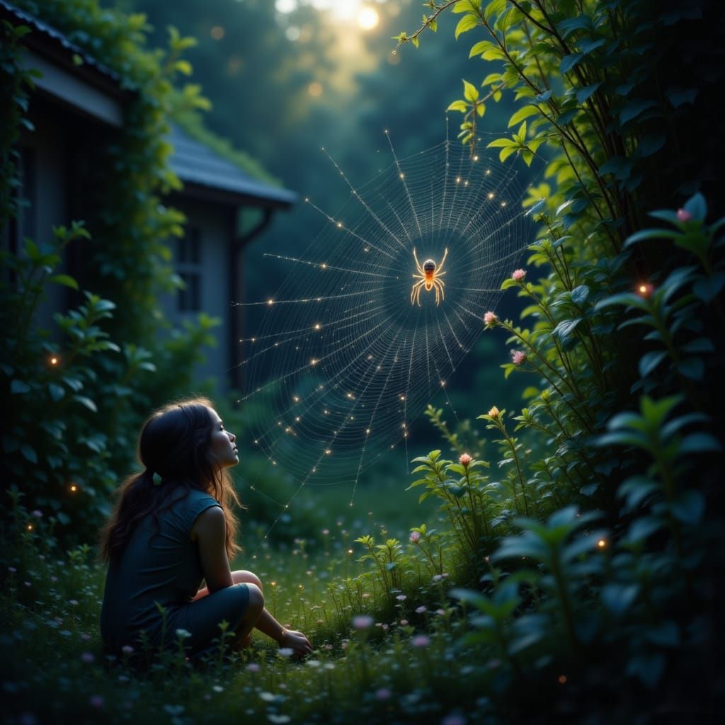 Twilight Micro-Ecosystem: Spiders Tending Herbs