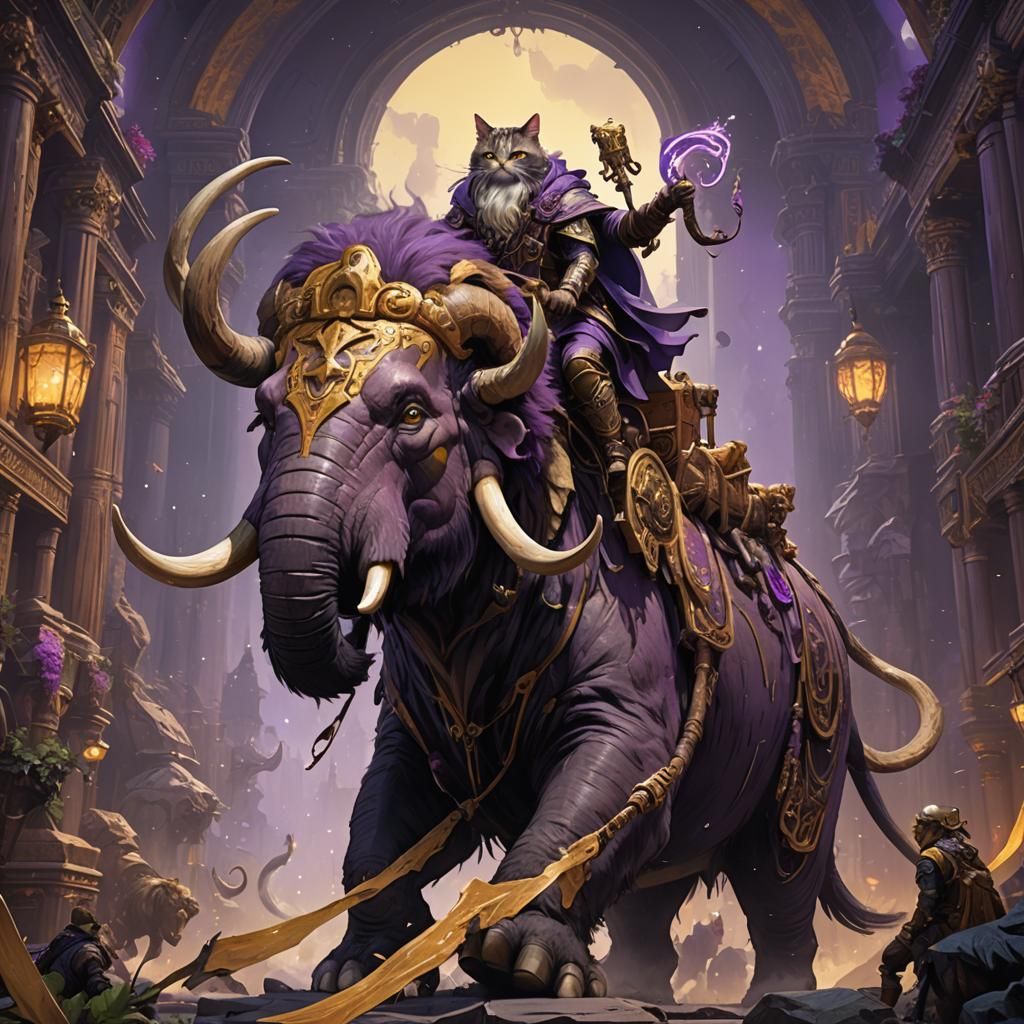 Cat Riding Mammoth in Dark Fantasy Style