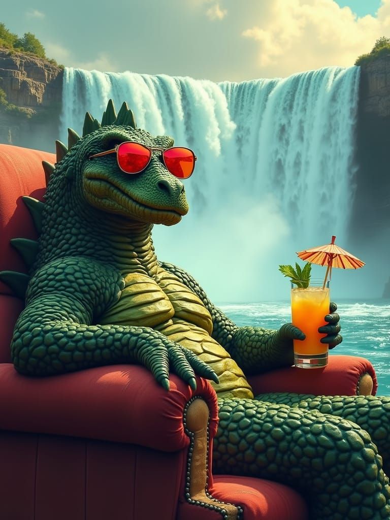 Godzilla Enjoys a Colorful Caipirinha in a Tropical Oasis