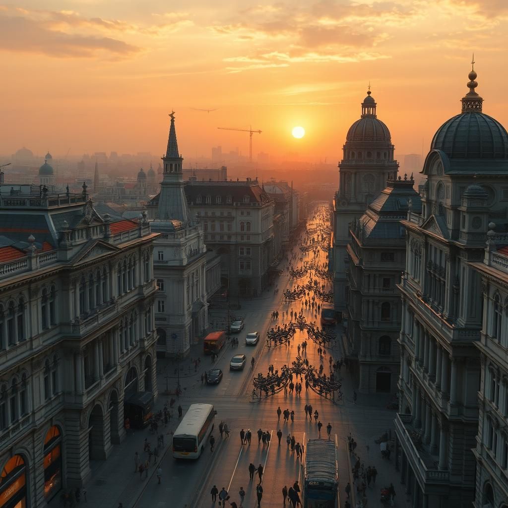 Bucharest Cityscape at Sunset in Photorealistic Style