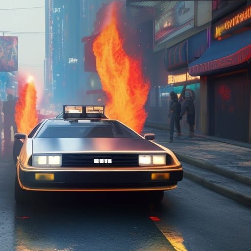 DeLorean on Fire: Cyberpunk 2099 Street Scene